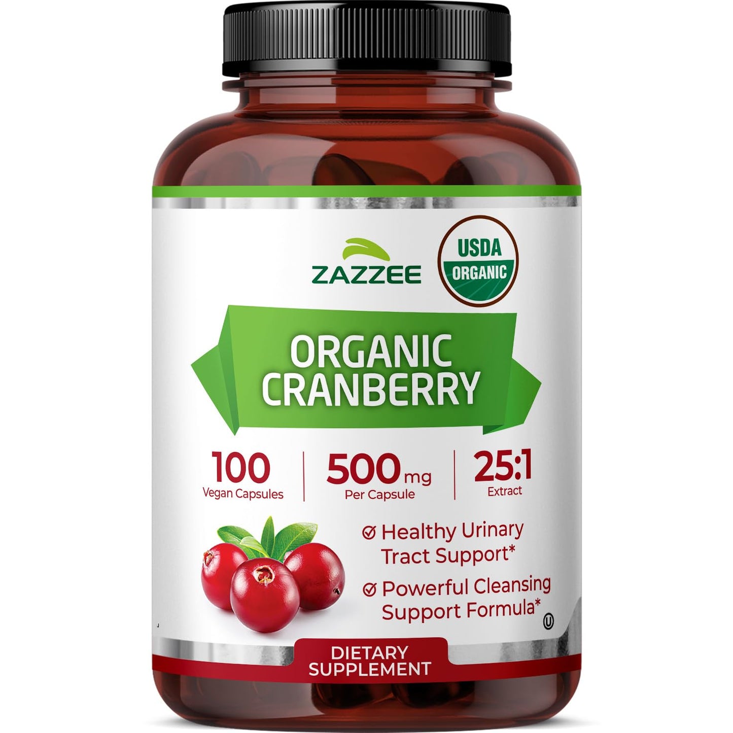 Zazzee USDA Organic Cranberry 25:1 Extract, 500 mg per Capsule, 100 Vegan Capsules, 3+ Month Supply, Certified Kosher, Vaccinium Macrocarpon, Non-GMO, Made in the USA