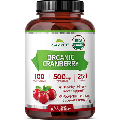 Zazzee USDA Organic Cranberry 25:1 Extract, 500 mg per Capsule, 100 Vegan Capsules, 3+ Month Supply, Certified Kosher, Vaccinium Macrocarpon, Non-GMO, Made in the USA
