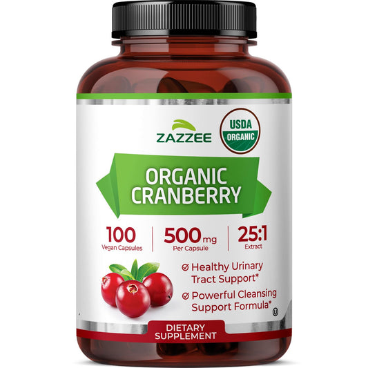 Zazzee USDA Organic Cranberry 25:1 Extract, 500 mg per Capsule, 100 Vegan Capsules, 3+ Month Supply, Certified Kosher, Vaccinium Macrocarpon, Non-GMO, Made in the USA
