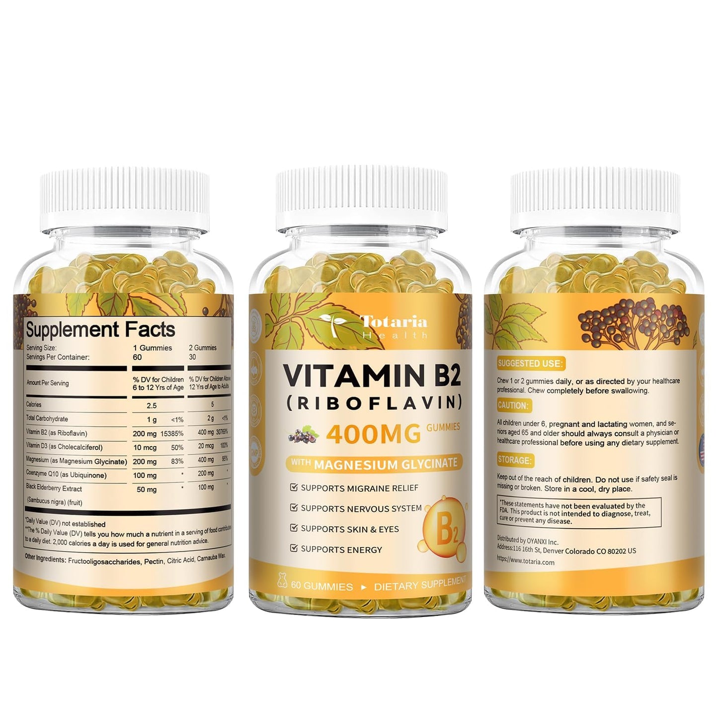 Totaria Vitamin B2 Gummies, Sugar Free Riboflavin 400mg Supplement for Adults & Kids with Magnesium Glycinate 400mg, COQ10 & Elderberry, Skin & Nervous System Support, Non-GMO, 60 Gummies
