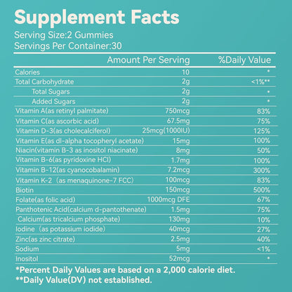 Women's Multivitamin Gummies, Vitamins A, C, D3, E, K, B12, Calcium, Biotin, Folic Acid, Inositol, Multivitamin for Women for Daily Nutritional Support, 30 Day Supply - 60 Count