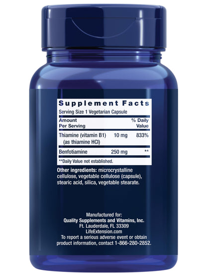 Life Extension Mega Benfotiamine 250 mg, 180 Vegetarian Capsules | 250 mg of benfotiamine and 10 mg of thiamine (vitamin B1) per capsule. Non-GMO, Gluten Free, Vegetarian.