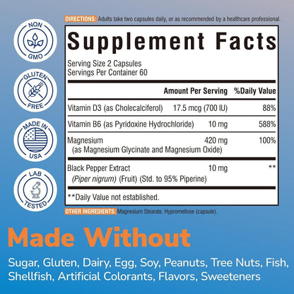 Vitalibre Magnesium Glycinate 420mg with Vitamin D3 B6, 120 Vegan Capsules | Chelated & Buffered Magnesium Supplement | High Absorption for Nerve, Bone, Heart, Mood, Sleep Support, Non-GMO