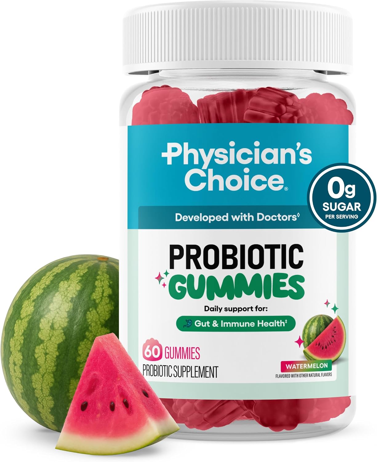 Physician's CHOICE Probiotic Gummies with Vitamin D & Prebiotic Fiber - Sugar Free - 1B CFUs of Clinically Studied Probiotic - Supports Immune & Gut Health for Women & Men - Watermelon Flavor - 60CT
