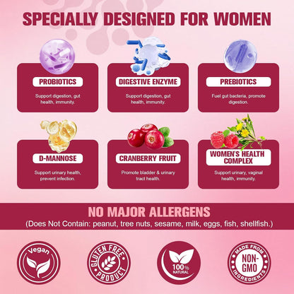 Totaria Probiotics for Women, 120 Billion Women Probiotic, with Akkermansia, Digestive Enzymes & Prebiotics, Cranberry, D-Mannose, for Gut, Vaginal, Urinary, Immune, PH Balance, 120 Vegan Capules
