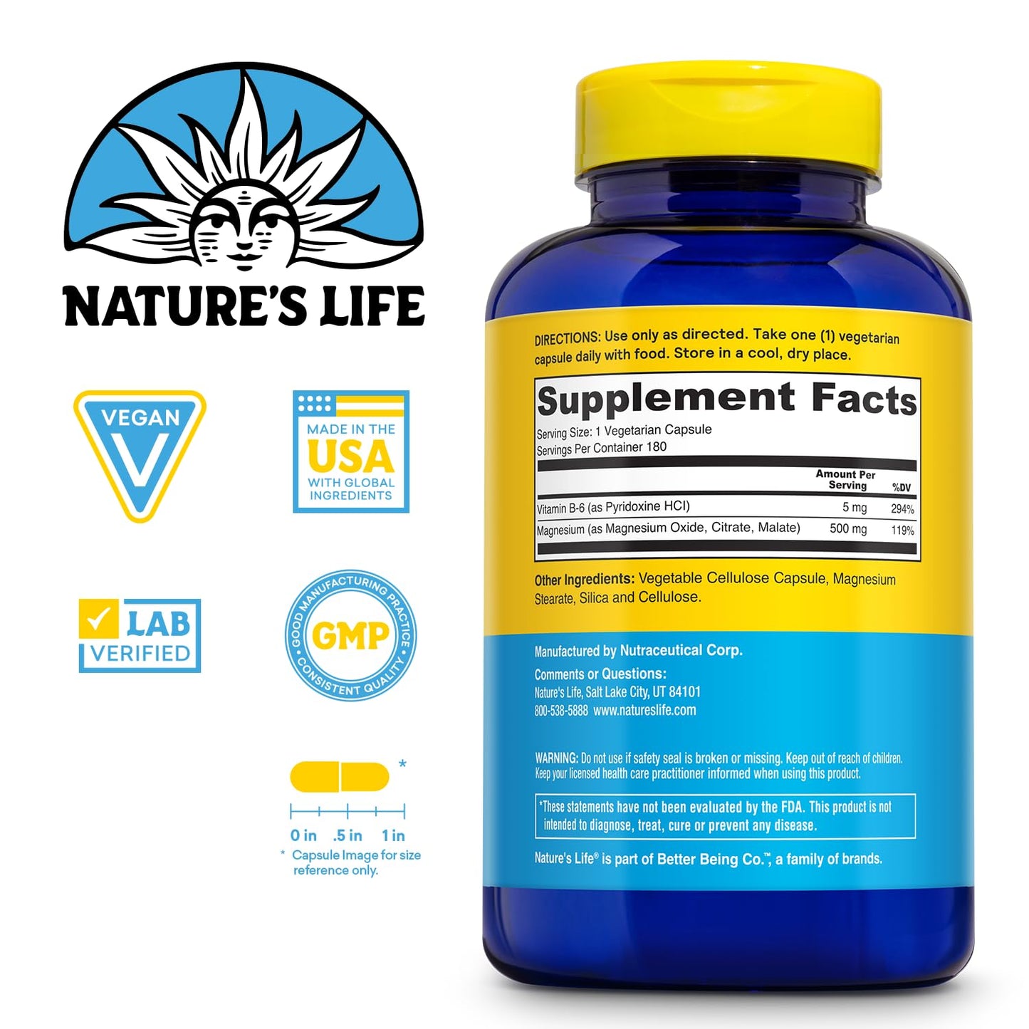 Nature’s Life Renewing Magnesium 500 mg - Magnesium Citrate, Magnesium Malate, Magnesium Oxide Plus Vitamin B-6 - Muscles and Nerves Support - Lab Verified - 275 Servings, 275 VegCaps