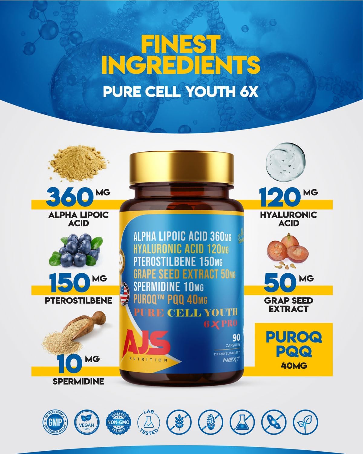 AJS Pure Cell Youth 6X PRO, PQQ, R-Lipoic Acid & Spermidine, 90 Capsules With Pterostilbene, Sodium Hyaluronate & Grape Seed Extract, Dietary Supplement
