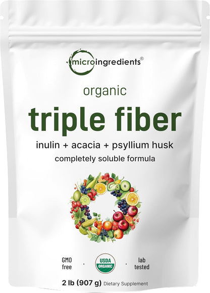 Micro Ingredients Organic Triple Fiber Powder, 2lb | Natural Prebiotic to Support Digestive & Gut Health | Soluble, Easily Digestible | Unflavored, Vegan