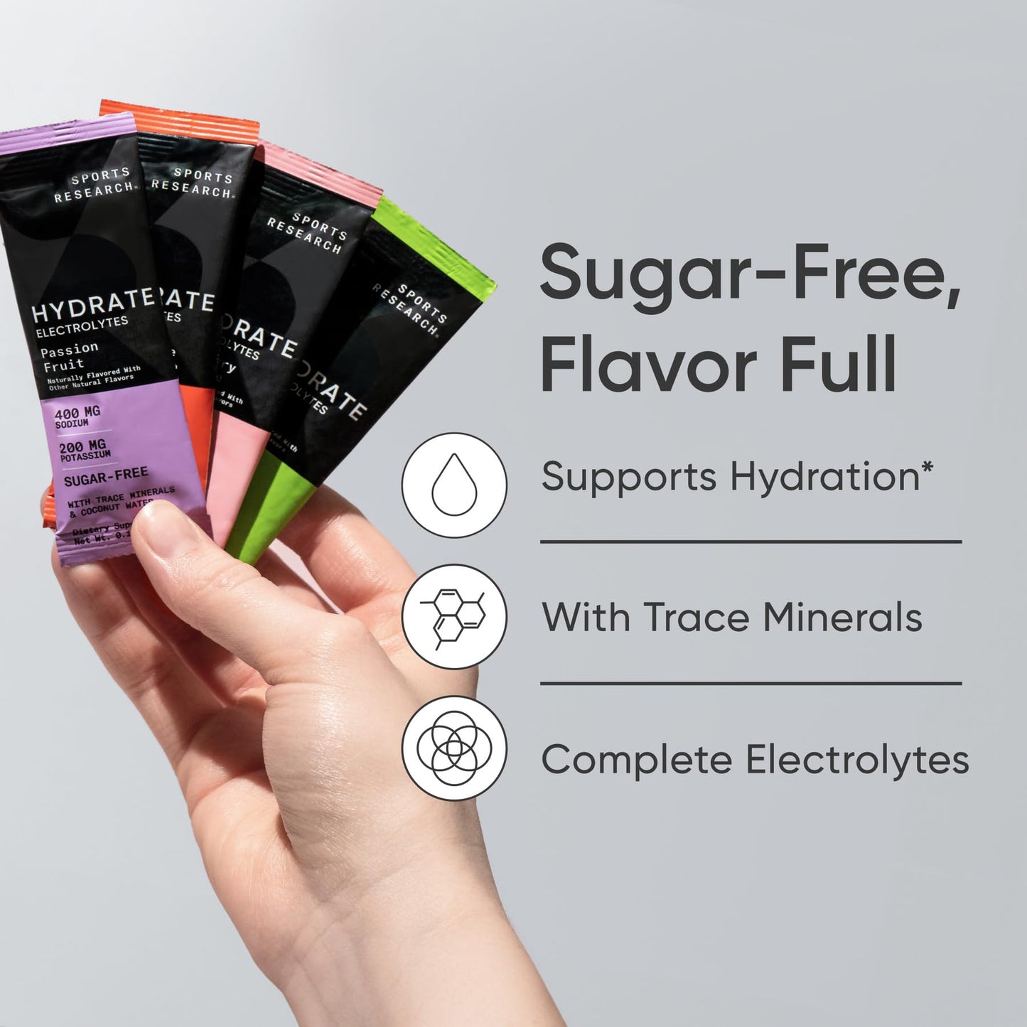 Sports Research® Hydrate Electrolytes Powder Packets - Sugar-Free & Naturally Flavored with Vitamins, Minerals, and Coconut Water - Supports Hydration - 16 Packets - Variety Pack | Sugar-Free