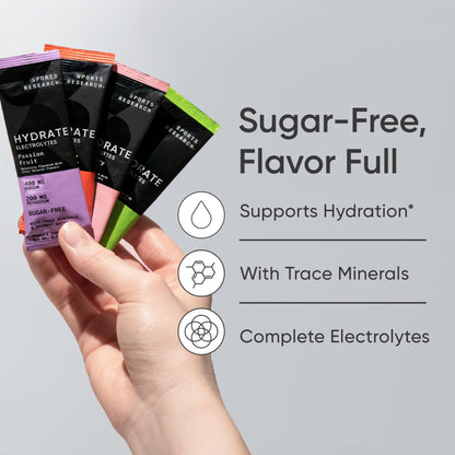 Sports Research® Hydrate Electrolytes Powder Packets - Sugar-Free & Naturally Flavored with Vitamins, Minerals, and Coconut Water - Supports Hydration - 16 Packets - Variety Pack | Sugar-Free