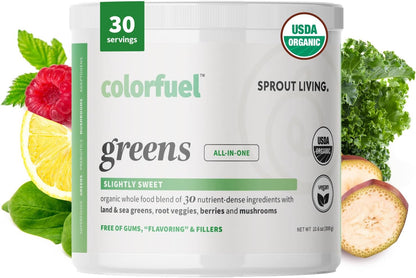 Colorfuel Organic Greens Drink Powder Mix w/ Superfoods | Digestive Support, Prebiotics + Spirulina, Ashwagandha, Slightly Sweet Flavor (30 servings)
