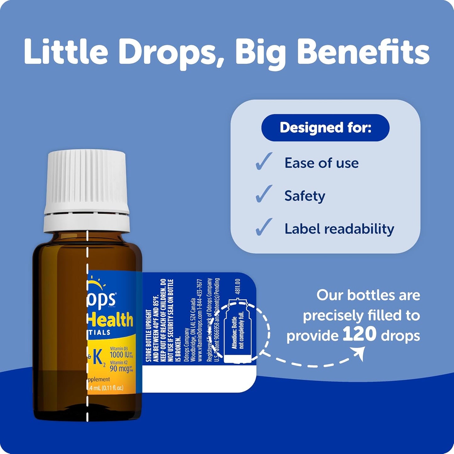 Ddrops Adult Bone Health 1000 IU Vitamin D3 + 90 mcg K2-120 Drops - Helps Maintain and Build Strong Bones and Teeth. No Artificial Preservatives, No Sugar, Non-GMO, Allergy-Friendly