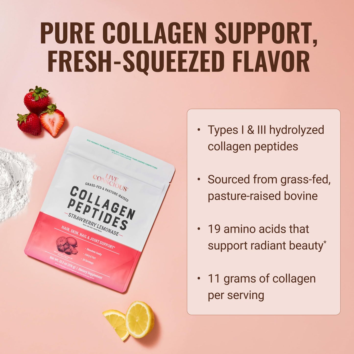 Live Conscious Collagen Peptides Powder - Naturally-Sourced Hydrolyzed Collagen Powder - Hair, Skin, Nail, and Joint Support - Type I & III Grass-Fed Collagen Supplements for Women and Men - 16oz