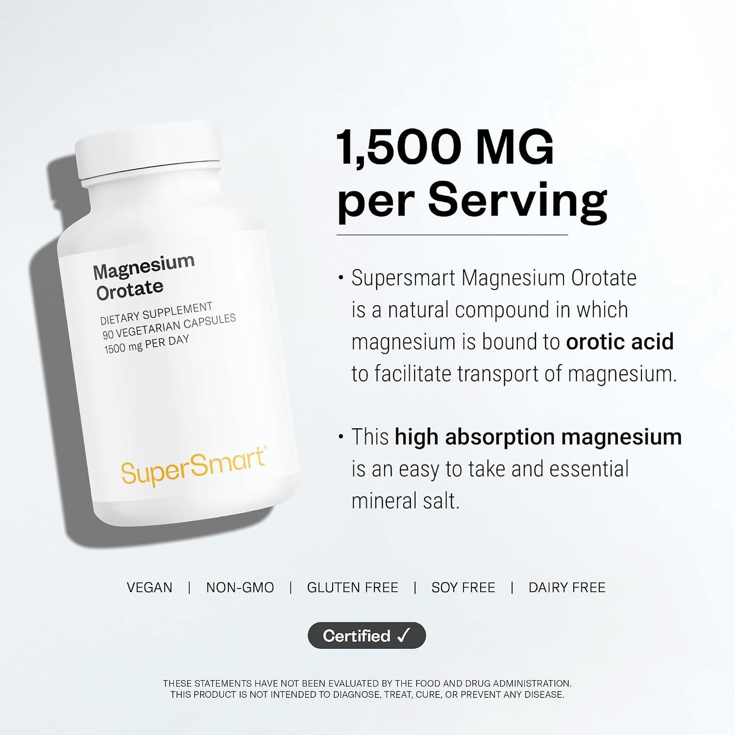 SuperSmart Magnesium Orotate 1500mg per Day - High Absorption Magnesium Supplement | Non GMO & Gluten Free - 90 Vegetarian Capsules