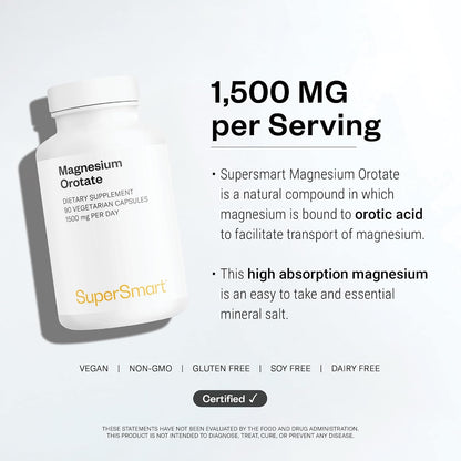 SuperSmart Magnesium Orotate 1500mg per Day - High Absorption Magnesium Supplement | Non GMO & Gluten Free - 90 Vegetarian Capsules