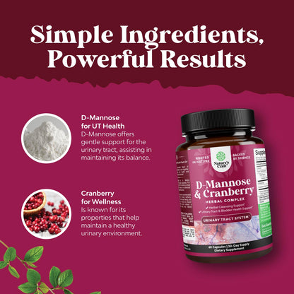 D Mannose with Cranberry Supplement - Potent D Mannose 1000mg Capsules for Kidney Defense Support & Cleanse and Urinary Tract Health for Women & Men - Bladder Health Supplement for Adults - 60 Count