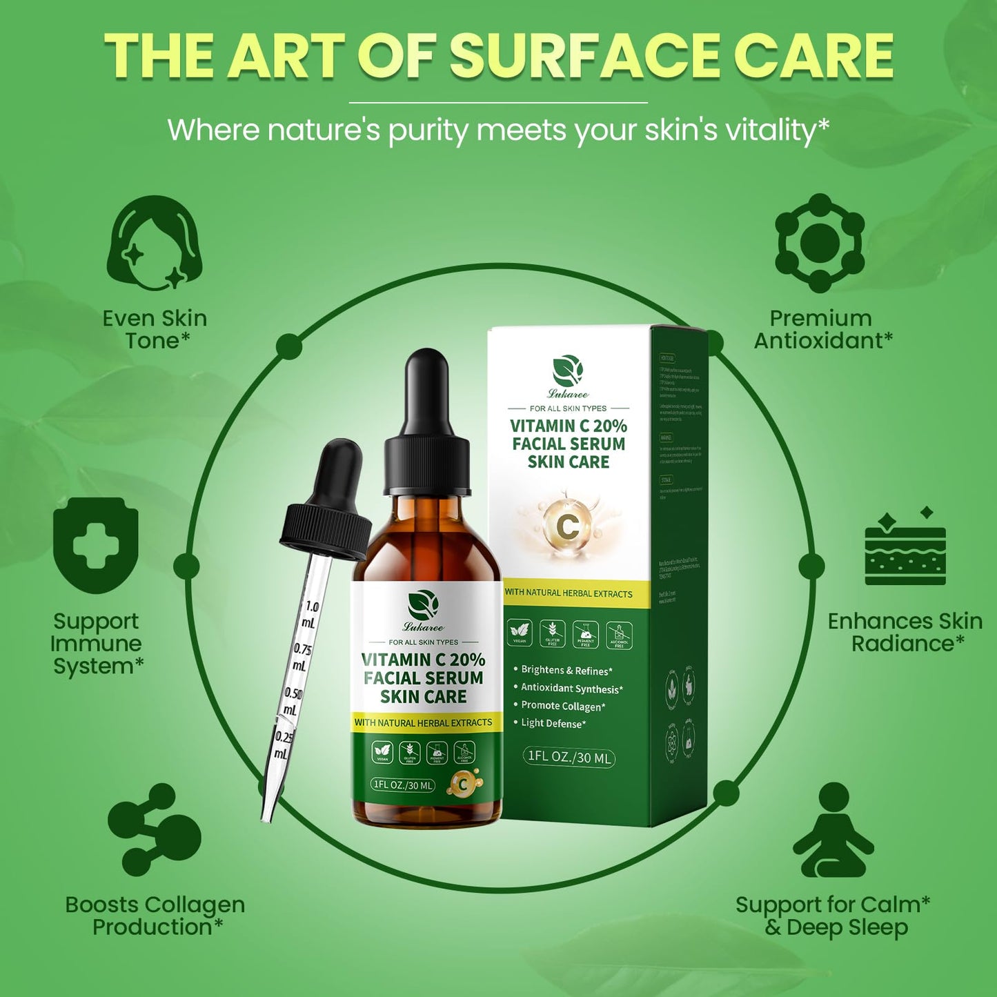 Lukaree Vitamin C Serum for Face, Dark Spots, Fine Lines & Support Collagen | Vitamin C Serum 20% Brightening Face Serum with Sodium Hyaluronate - All Skin Types, Plus Vit C Caps, 1 Fl Oz + 60 Caps