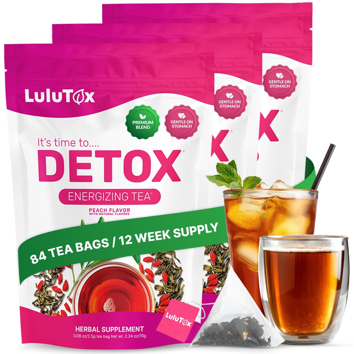 LULUTOX Detox Tea - Herbal Blend with Dandelion, Ginseng, and Ginger - Supports A Healthy Weight, Digestive Health - Vegan, All Natural, Laxative-Free - Peach Flavor (28 Servings)