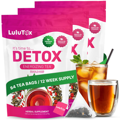 LULUTOX Detox Tea - Herbal Blend with Dandelion, Ginseng, and Ginger - Supports A Healthy Weight, Digestive Health - Vegan, All Natural, Laxative-Free - Peach Flavor (28 Servings)