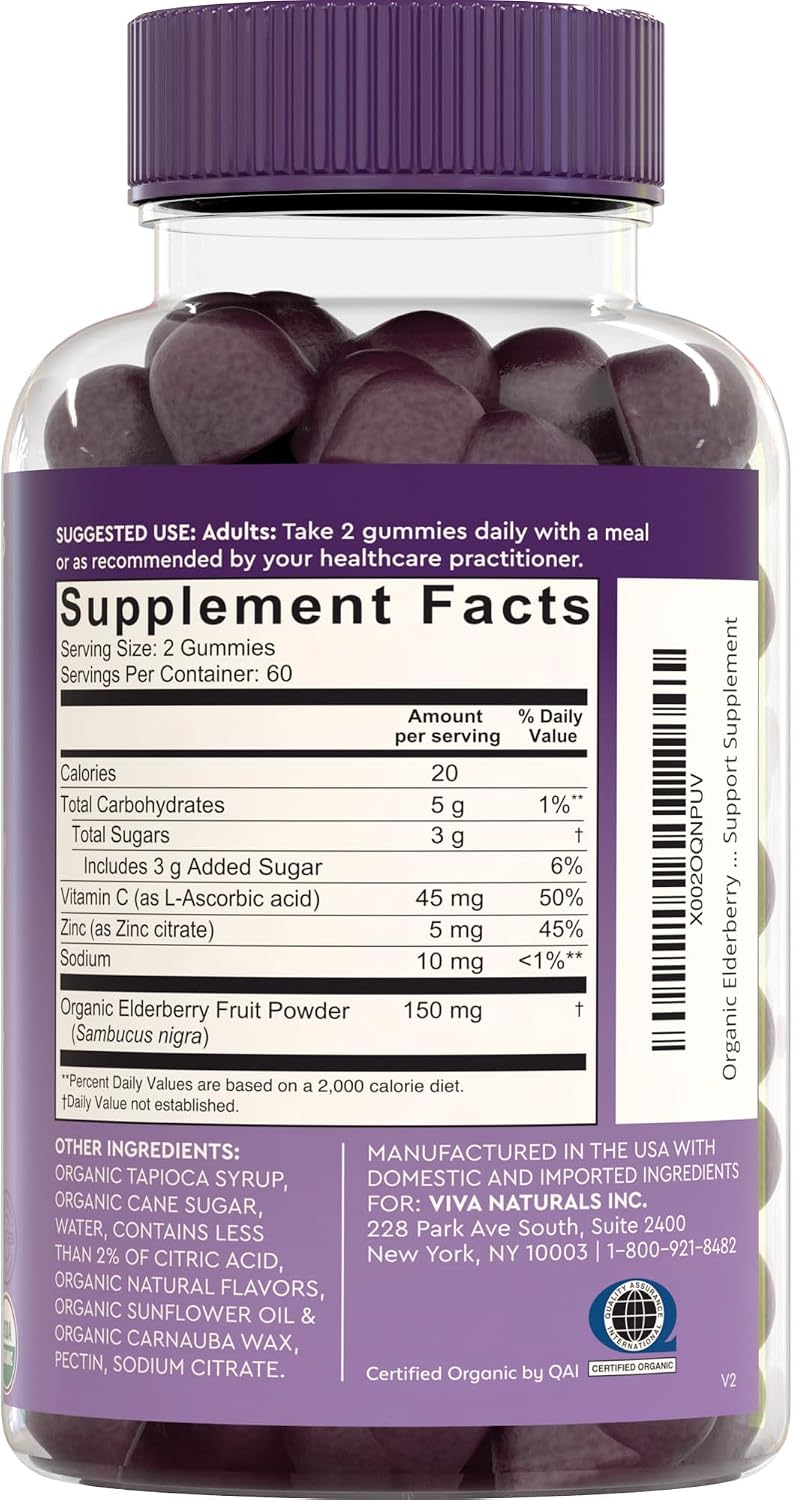 Viva Naturals Black Elderberry Vitamin C and Zinc Immune Support Gummies for Adults, Sambucus Elderberry Gummies with Raspberry Rush Flavor, USDA Organic, Non-GMO, (120 Count)