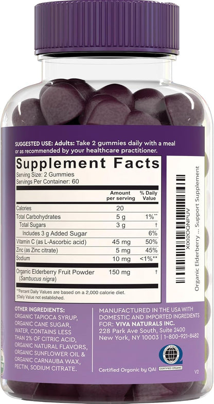 Viva Naturals Black Elderberry Vitamin C and Zinc Immune Support Gummies for Adults, Sambucus Elderberry Gummies with Raspberry Rush Flavor, USDA Organic, Non-GMO, (120 Count)