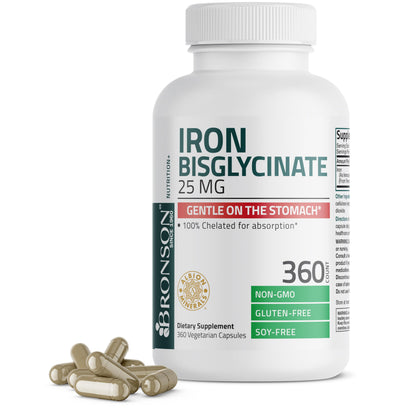 Bronson Iron Bisglycinate 25 mg, 90 Vegetarian Capsules | Gentle on the Stomach, Non-Constipating, Supports Energy & Red Blood Cell Production, Non-GMO, Gluten-Free & Soy-Free