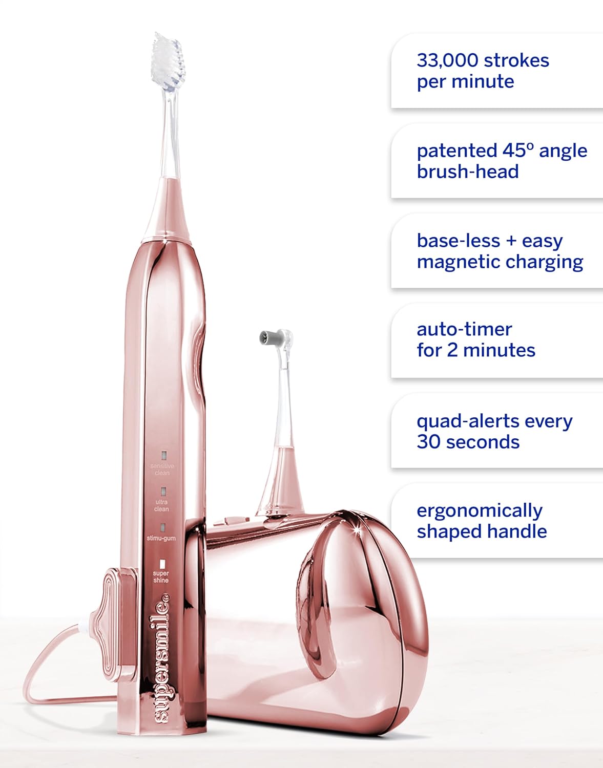 Supersmile Zina45 Deluxe Sonic Pulse Toothbrush, Rose Gold, Rechargeable