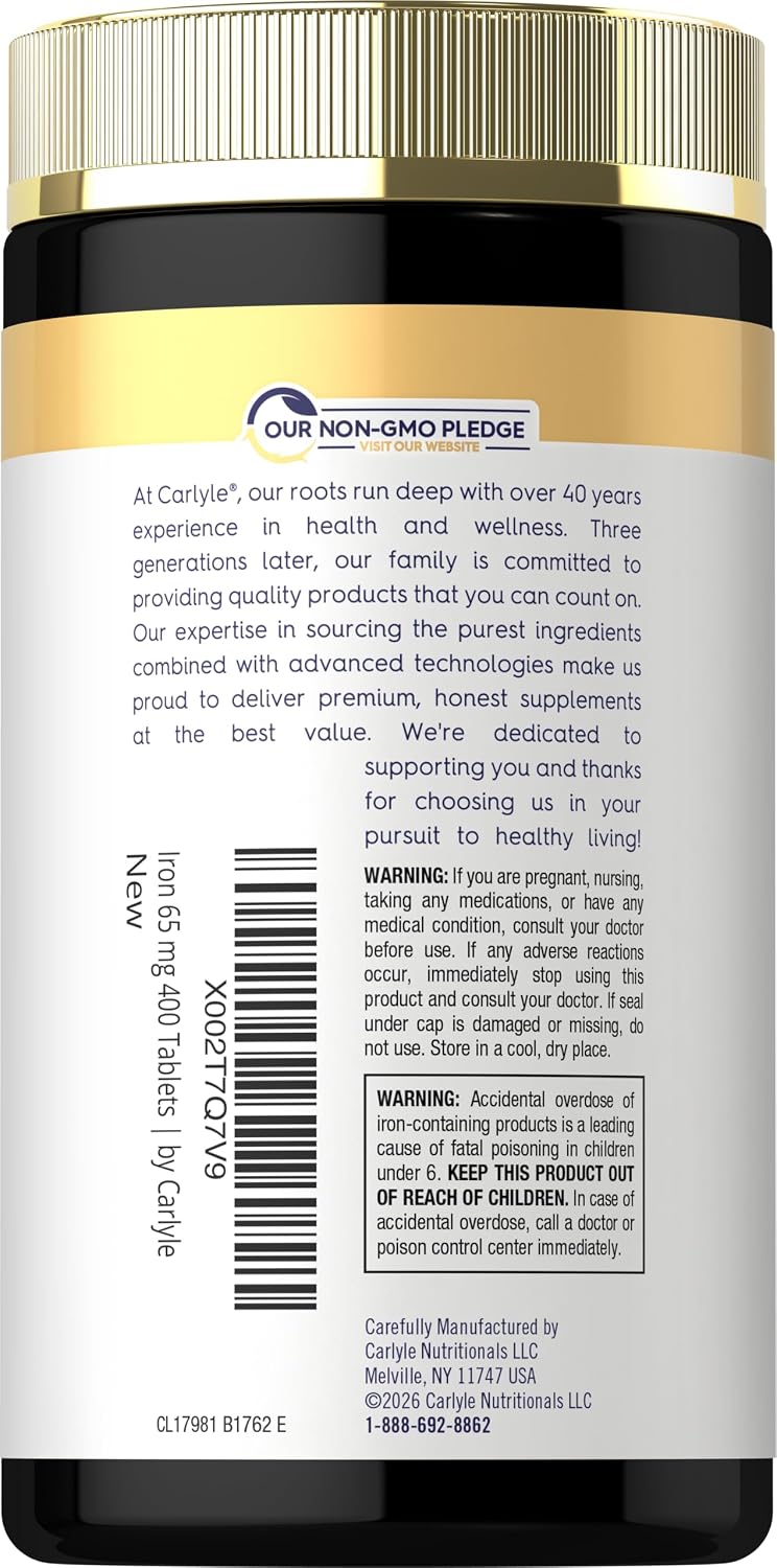 Carlyle Iron Ferrous Sulfate 325mg, 65 mg | 400 Tablets | Non-GMO, Gluten Free, and Vegetarian Supplement | High Potency