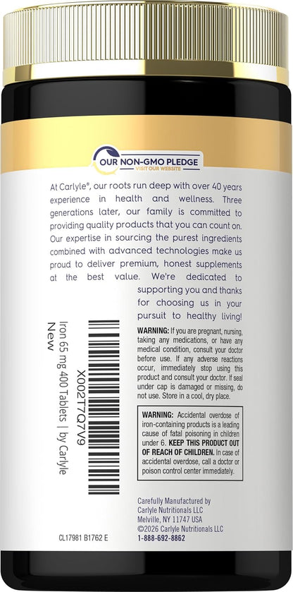 Carlyle Iron Ferrous Sulfate 325mg, 65 mg | 400 Tablets | Non-GMO, Gluten Free, and Vegetarian Supplement | High Potency