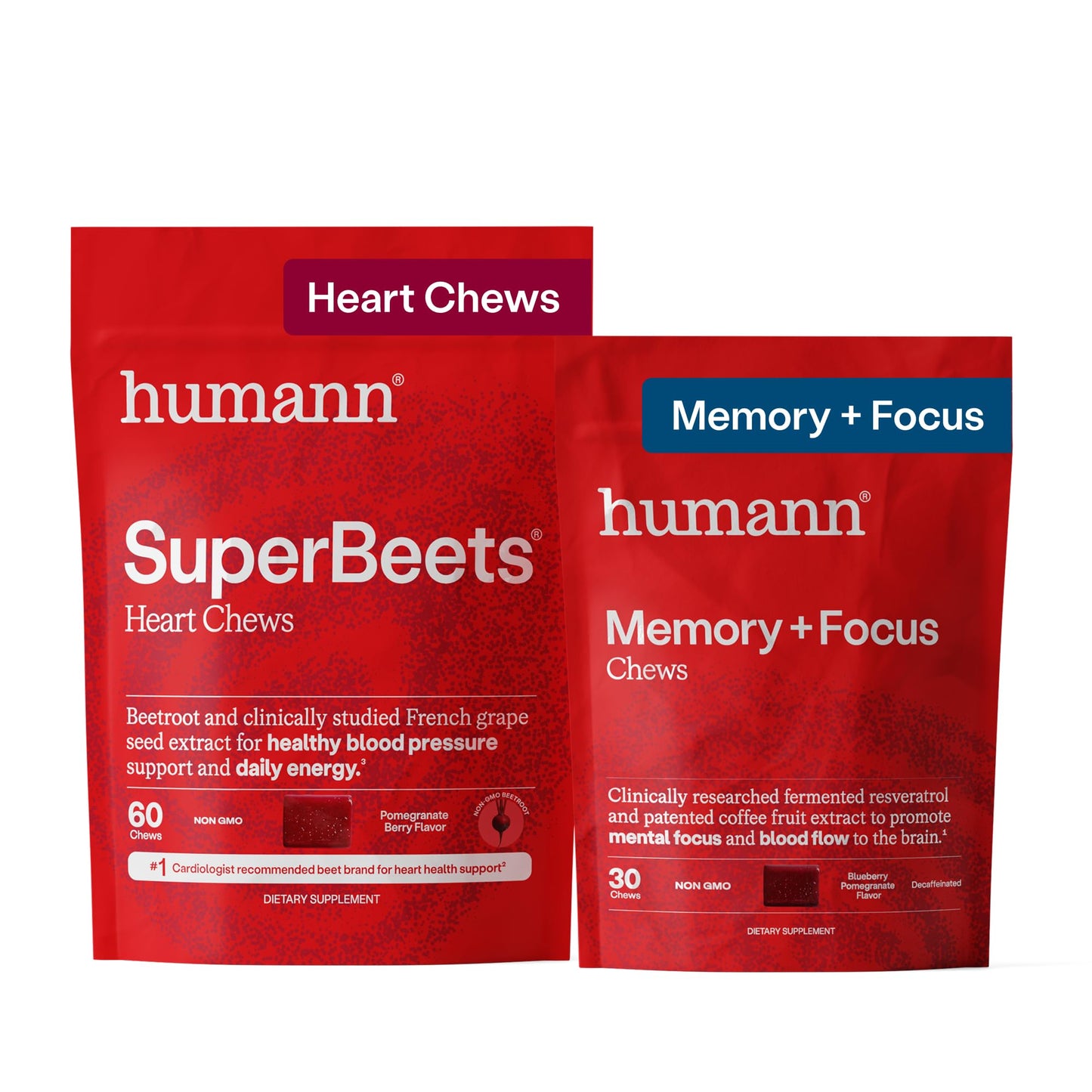 HumanN Memory and Focus Chews, Brain Supplement for Mental Alertness with Beet Root Powder, Clinically Studied Nootropics, Resveratrol Plus Beet Root Powder, Blueberry Pomegranate Flavor, 30 Count