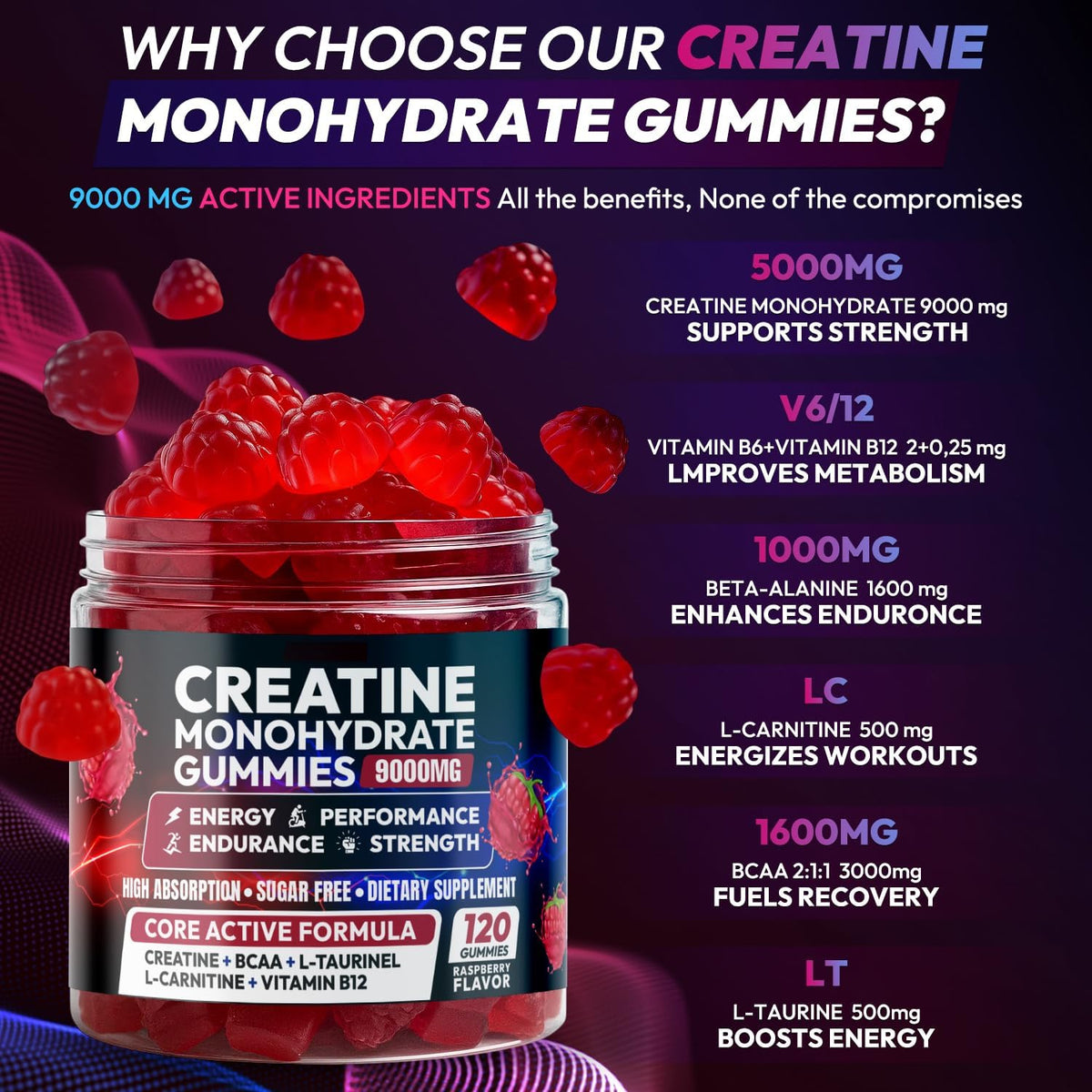 Creatine Monohydrate Gummies 5000MG, Creatine Gummy for Men & Women 120Ct