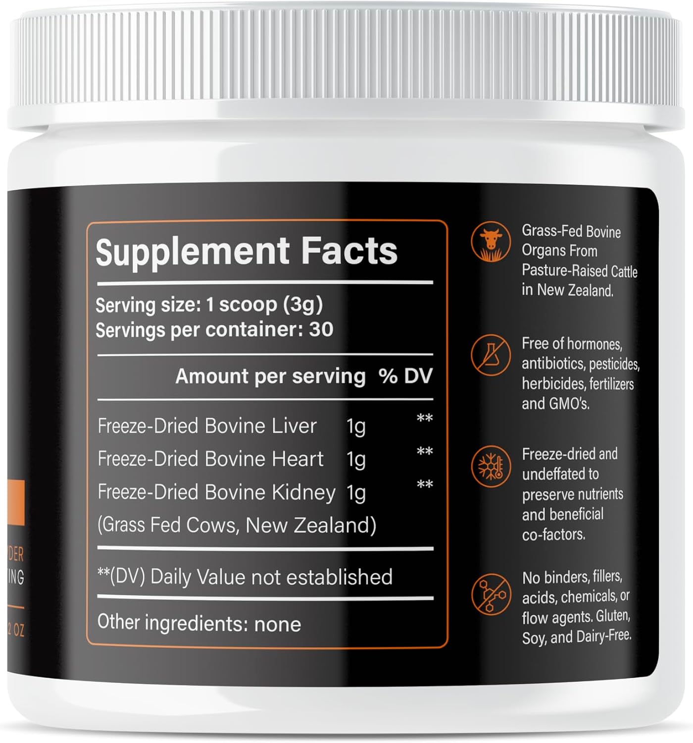 Bovine Organ Powder, Grass Fed Beef Organ Complex with Liver, Heart & Kidney, Primal Multivitamin Whole Food Supplement with Heme Iron, Vitamin A, B12, Folate, Selenium & Zinc, 90g