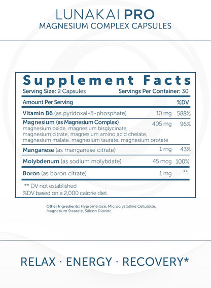 Lunakai USA Made 7-in-1 Magnesium Complex for Women & Men - 405mg Blend with B6 P-5-P for Daily Muscle, Sleep, Stress & Energy Support, Non-GMO Supplement, 60 Capsules