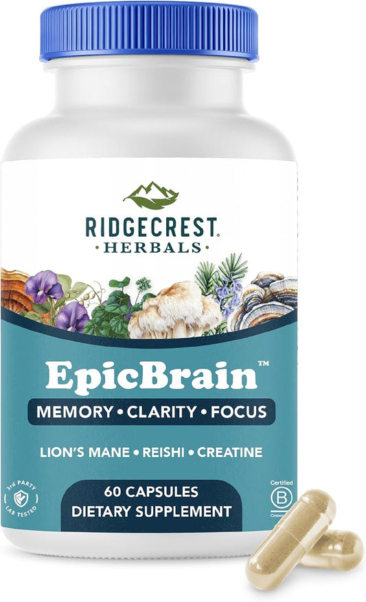 RidgeCrest Herbals EpicBrain Nootropic Memory and Focus Support 60 Ct | 30 Servings, Creatine Monohydrate, Lions Mane, Reishi, Stimulant Free, Mental Clarity and Cognitive Health Formula