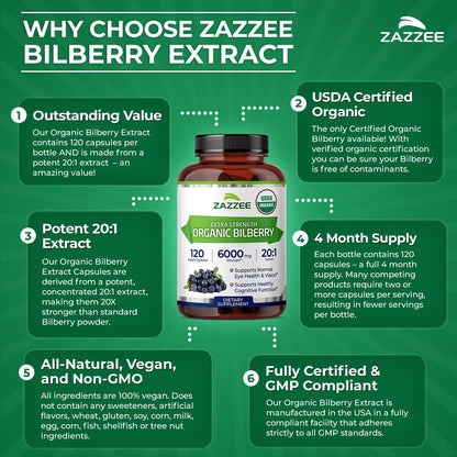 Zazzee USDA Organic Bilberry 20:1 Extract, 120 Vegan Capsules, 4 Month Supply, Vaccinium Myrtillus, Eye Health, Vision & Antioxidant Support, All-Natural, Non-GMO, Made in the USA