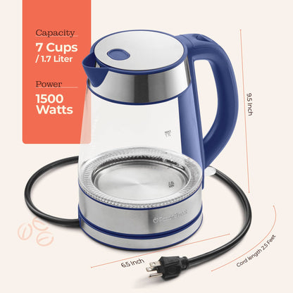 Speed-Boil Water Electric Kettle, 1.7L 1500W, Coffee & Tea Kettle Borosilicate Glass