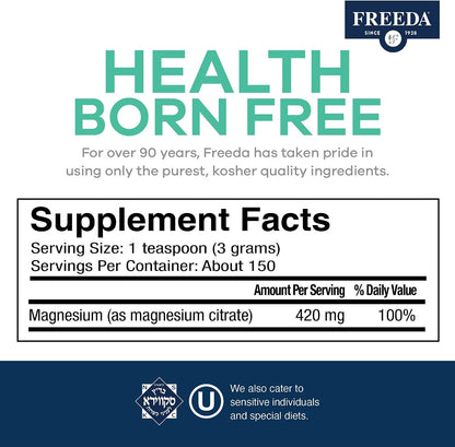 FREEDA Magnesium Citrate Powder for Bone, Joint, & Muscle Support 16 Oz | Supports Nerve Health, Relaxation, & Sleep – Kosher, Vegan, Gluten-Free, Corn-Free, Unflavored, 150 Servings, Made in USA