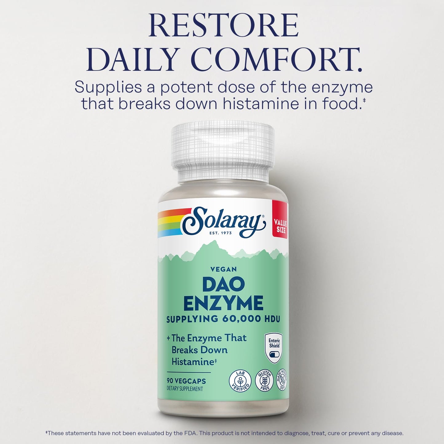 SOLARAY DAO Enzyme - Digestive Enzyme that Breaks Down Histamine - 60,000 HDU - Digestive Enzymes - Vegan, Gluten Free, Lab Verified - 30 Servings, 30 VegCaps