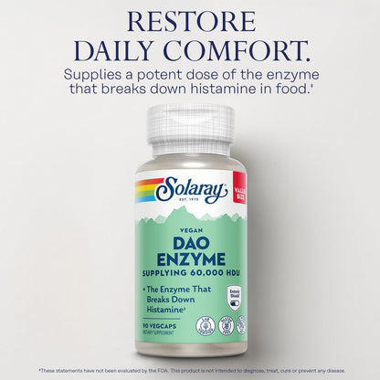 SOLARAY DAO Enzyme - Digestive Enzyme that Breaks Down Histamine - 60,000 HDU - Digestive Enzymes - Vegan, Gluten Free, Lab Verified - 30 Servings, 30 VegCaps