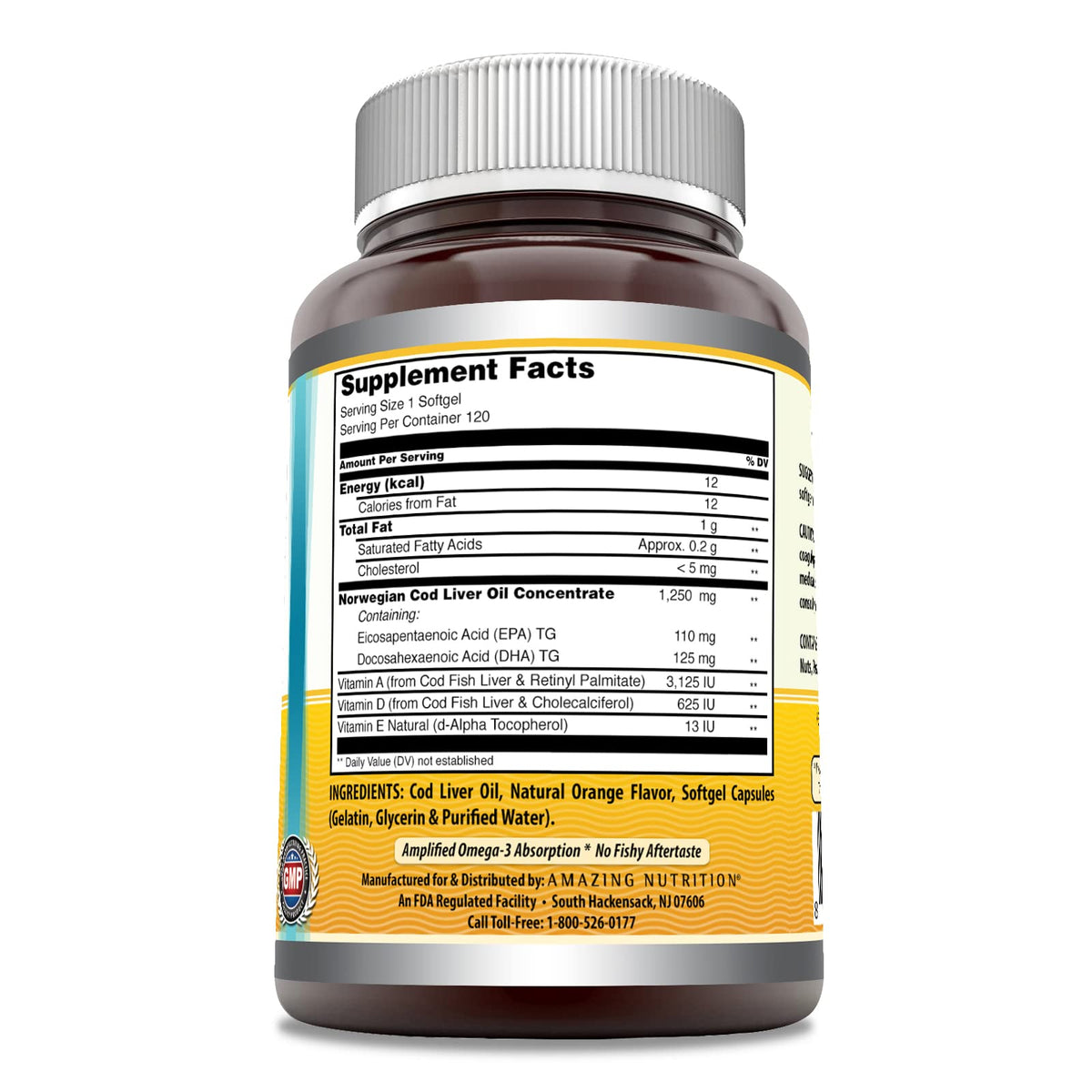 Amazing Omega Norwegian Cod Liver Oil 1250 Mg Softgels Supplement | Omega-3, EPA, DHA, Vitamin A, Vitamin D & Vitamin E (Lemon | 120 Count)