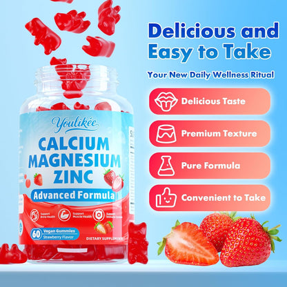Calcium Magnesium Zinc Gummies for Adult, Calcium Citrate with Vitamin D3 | High Absorption Calcium Magnesium Supplement for Women & Men, Sugar-Free, Strawberry Flavor, 60 Count
