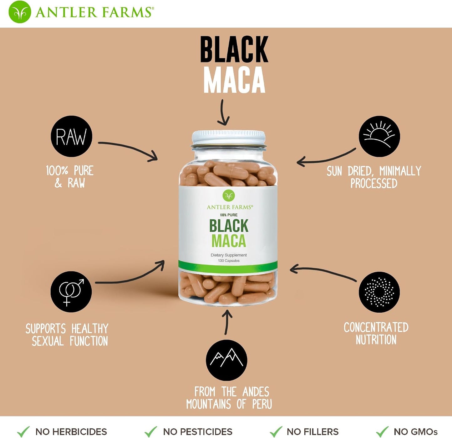Antler Farms 100% Pure Black Maca Root, 130 Capsules, 1500mg | Grown in the Junin Plateau in Peru, Male Energy, Vitality & Stamina, Hormonal Balance, Memory & Mental Clarity