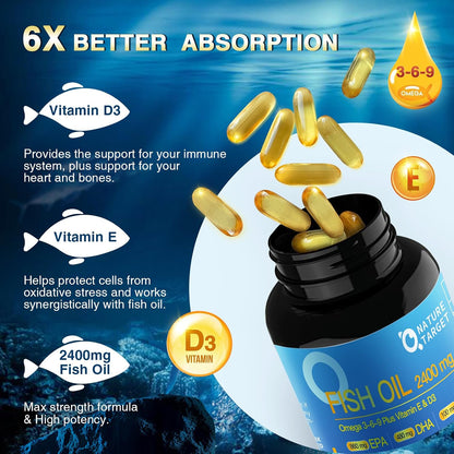 NATURE TARGET Triple Omega 3 6 9 Fish Oil 2400mg, 120Softgels | Vitamin D3 & E, EPA & DHA & ALA, Supports Heart, Brain, Joint & Immune Health, Sustainably Sourced, Non-GMO