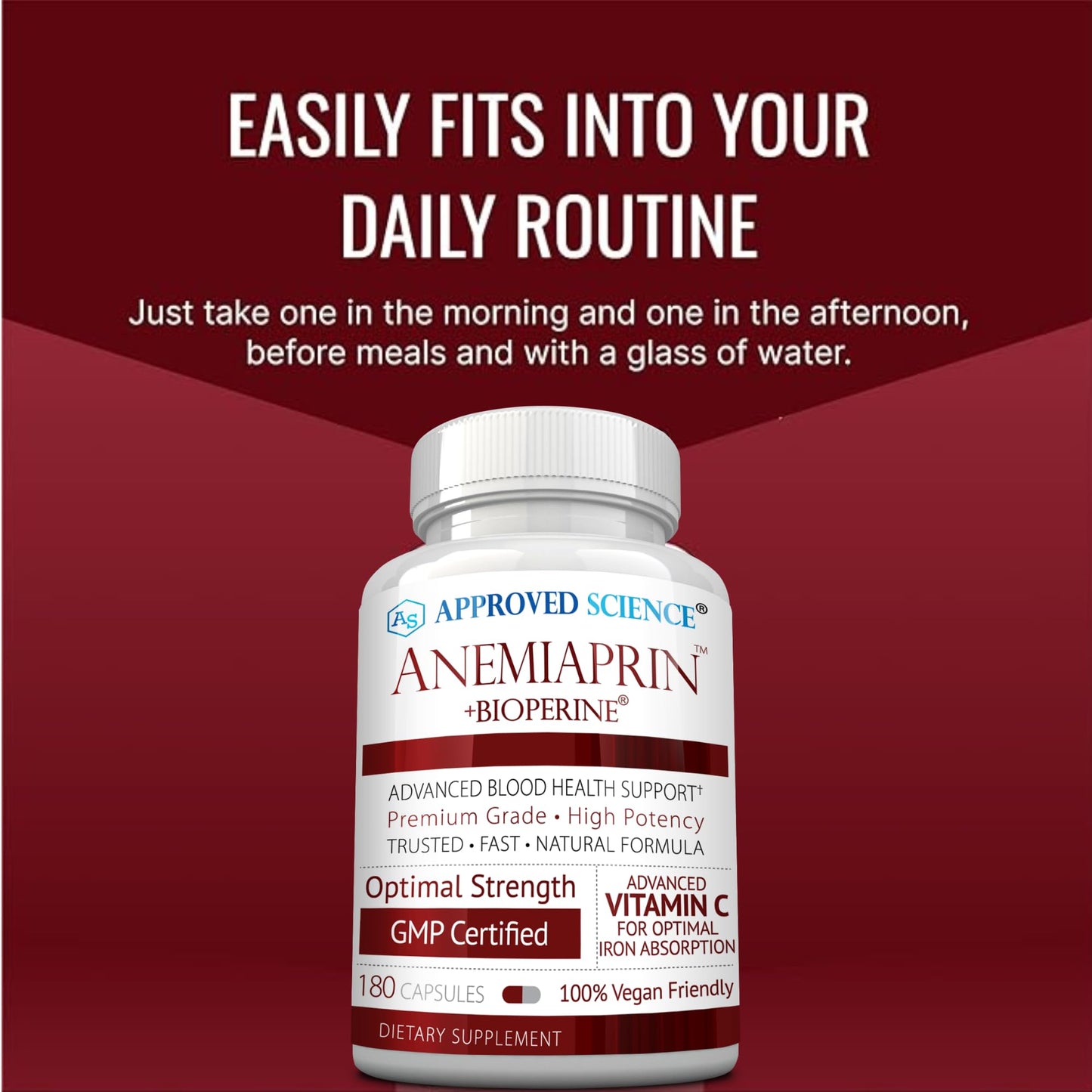 Approved Science Anemiaprin - Iron Bisglycinate with Vitamin C - Gentle On Stomach - Non Constipating Iron Supplement for Women and Men - Blood Support - with Folate and B12-3 Months - Vegan