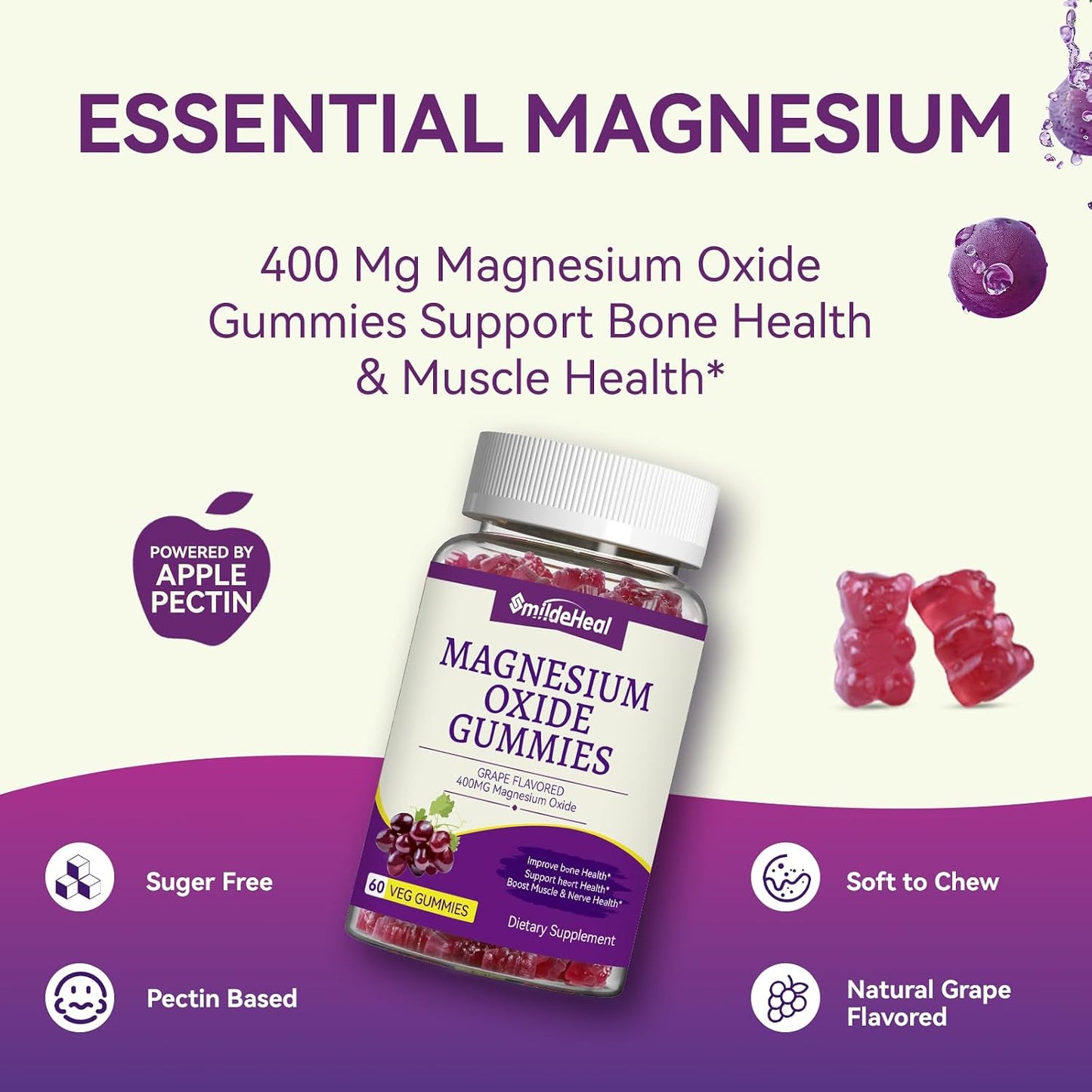 Magnesium Oxide Gummies 400mg - Magnesium Gummies for Women & Adults | Chewable Magnesium Supplement for Nerve & Muscle Support* | Sugar-Free, Vegan | 60 Gummies