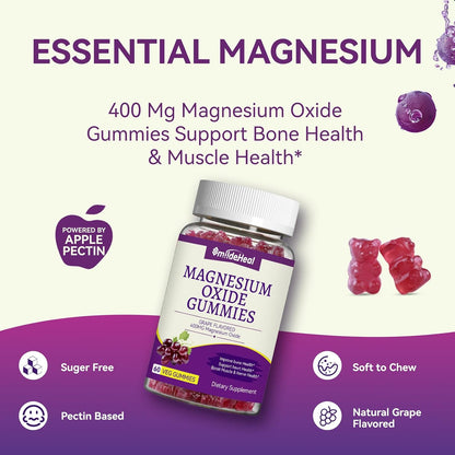 Magnesium Oxide Gummies 400mg - Magnesium Gummies for Women & Adults | Chewable Magnesium Supplement for Nerve & Muscle Support* | Sugar-Free, Vegan | 60 Gummies