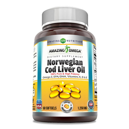 Amazing Omega Norwegian Cod Liver Oil 1250 Mg Softgels Supplement | Omega-3, EPA, DHA, Vitamin A, Vitamin D & Vitamin E (Lemon | 120 Count)