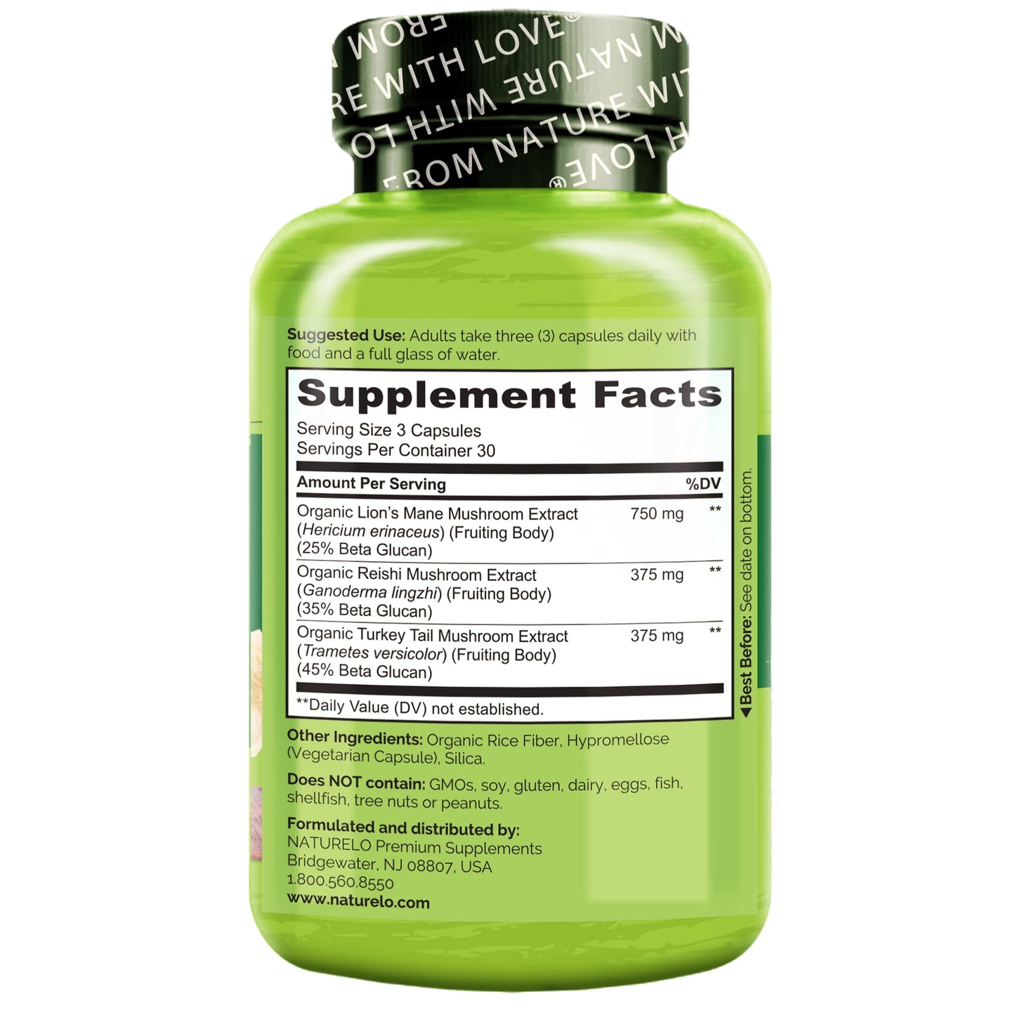 NATURELO Mushroom Supplement Capsules, 90 Ct, Brain & Immune Support, Vegan-Friendly, Lions Mane Supplement Capsules, Lion’s Mane, Reishi, Turkey Tail Blend