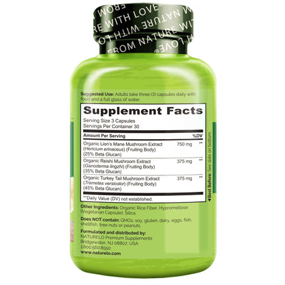 NATURELO Mushroom Supplement Capsules, 90 Ct, Brain & Immune Support, Vegan-Friendly, Lions Mane Supplement Capsules, Lion’s Mane, Reishi, Turkey Tail Blend