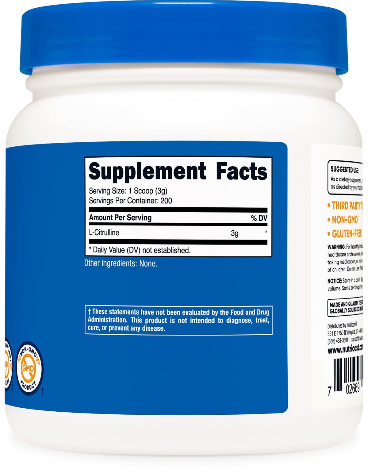 Nutricost Pure L-Citrulline (Base) Powder (600 Grams)